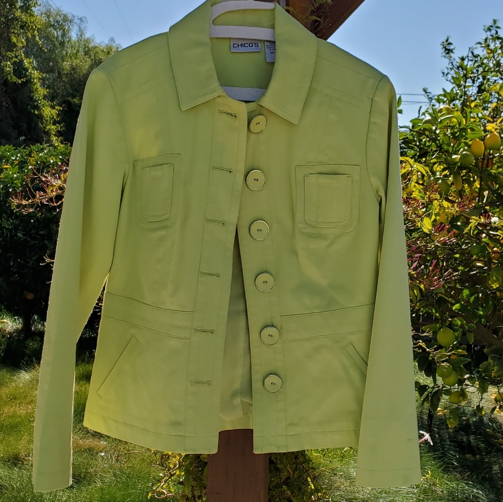 Chico's bright lime green button up jacket 0 like new